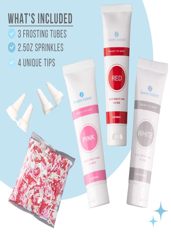 Sweets Indeed Valentines Day Frosting Decorating Set | Red White & Pink Frosting Tubes, Decorating Nozzles & Heart Jimmies Sprinkles | Baking Kit | 11.31 ounces - Image 2