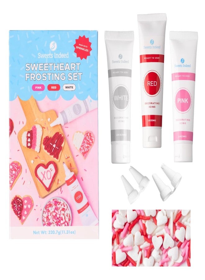 Sweets Indeed Valentines Day Frosting Decorating Set | Red White & Pink Frosting Tubes, Decorating Nozzles & Heart Jimmies Sprinkles | Baking Kit | 11.31 ounces - Image 1