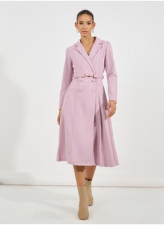 Notch Lapel Fit & Flare Wool Like Belted Blazer Midi Dress
