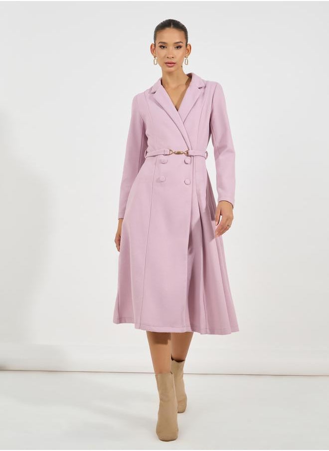 Styli - Notch Lapel Fit & Flare Wool Like Belted Blazer Midi Dress - Image 1