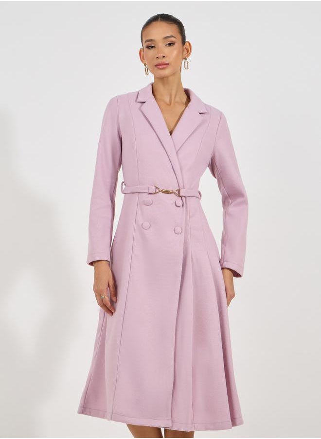 Styli - Notch Lapel Fit & Flare Wool Like Belted Blazer Midi Dress - Image 1