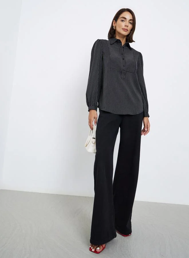 Styli Black Striped Long Sleeve Blouse