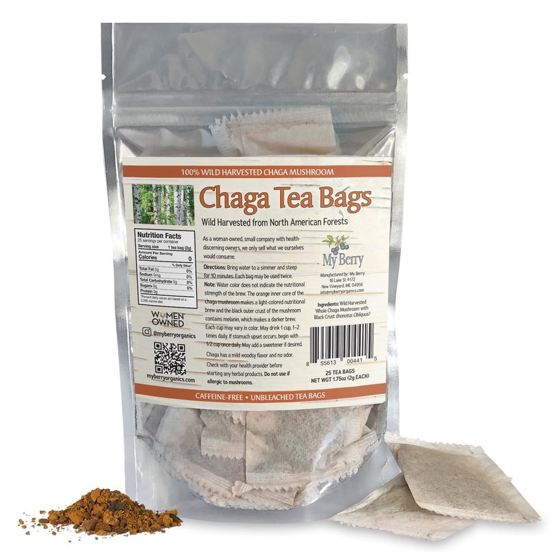 MY BERRY Maine Chaga Tea Bags | 100% Wild-Harvested, USA & Canadian Grown | 100% Additive-Free Herbal Tea | 25 Bleach-Free Bags - Image 1