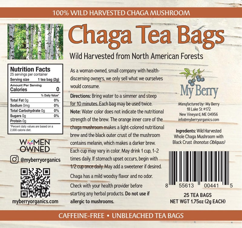 MY BERRY Maine Chaga Tea Bags | 100% Wild-Harvested, USA & Canadian Grown | 100% Additive-Free Herbal Tea | 25 Bleach-Free Bags - Image 3