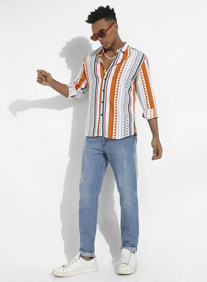 Campus Sutra Campus Sutra Men's Multicolour Geometrical Print Shirt For Casual Wear | Spread Collar | Long Sleeve | Button Closure | Heavy Rayon Shirts Crafted With Comfort Fit For Everyday Wear