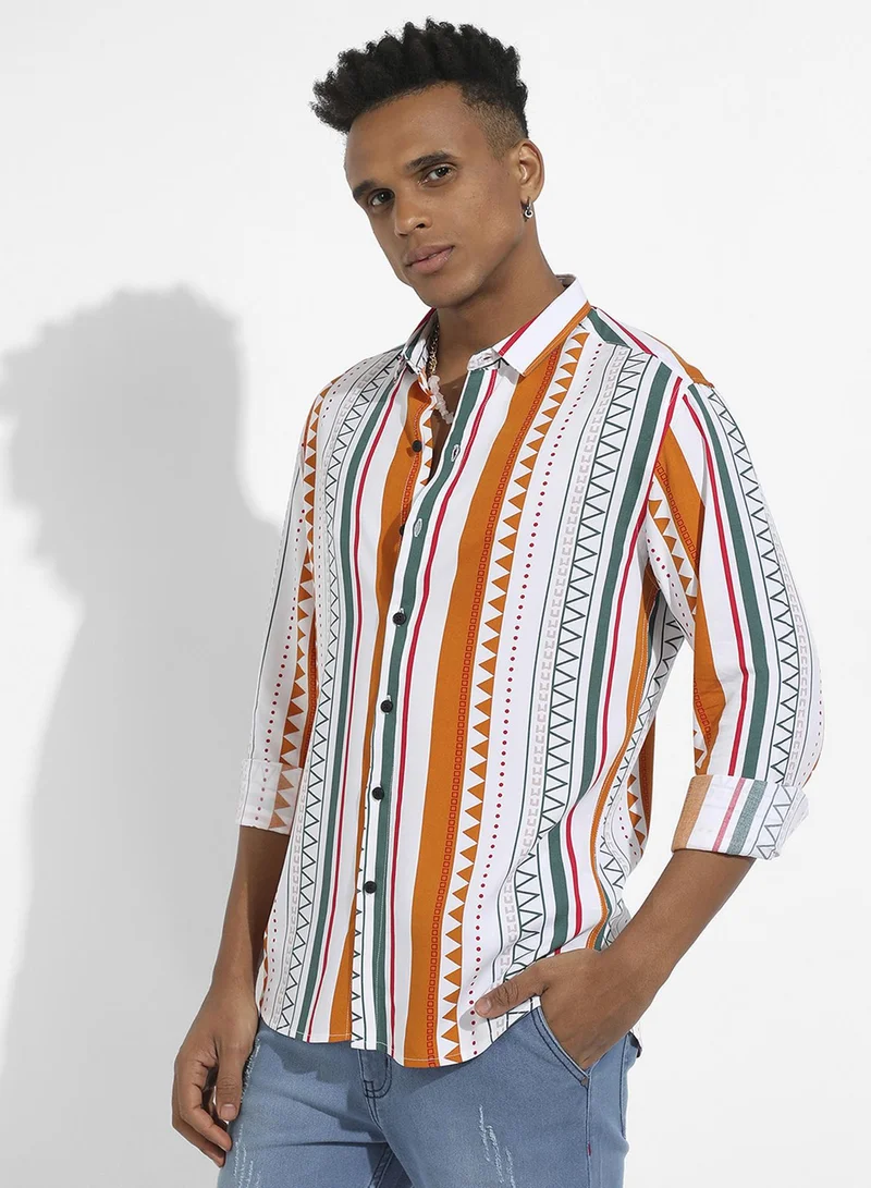 Campus Sutra Campus Sutra Men's Multicolour Geometrical Print Shirt For Casual Wear | Spread Collar | Long Sleeve | Button Closure | Heavy Rayon Shirts Crafted With Comfort Fit For Everyday Wear