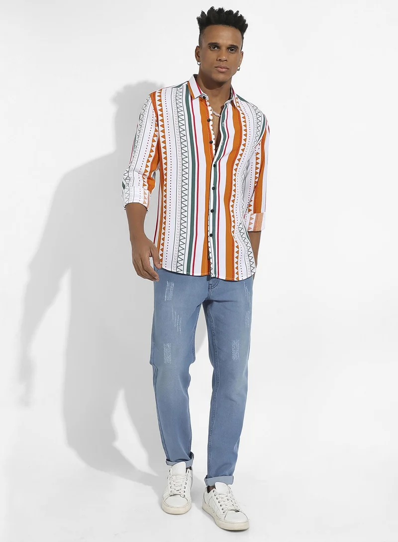 Campus Sutra Campus Sutra Men's Multicolour Geometrical Print Shirt For Casual Wear | Spread Collar | Long Sleeve | Button Closure | Heavy Rayon Shirts Crafted With Comfort Fit For Everyday Wear