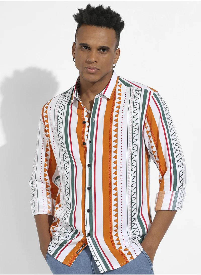 Campus Sutra Campus Sutra Men's Multicolour Geometrical Print Shirt For Casual Wear | Spread Collar | Long Sleeve | Button Closure | Heavy Rayon Shirts Crafted With Comfort Fit For Everyday Wear
