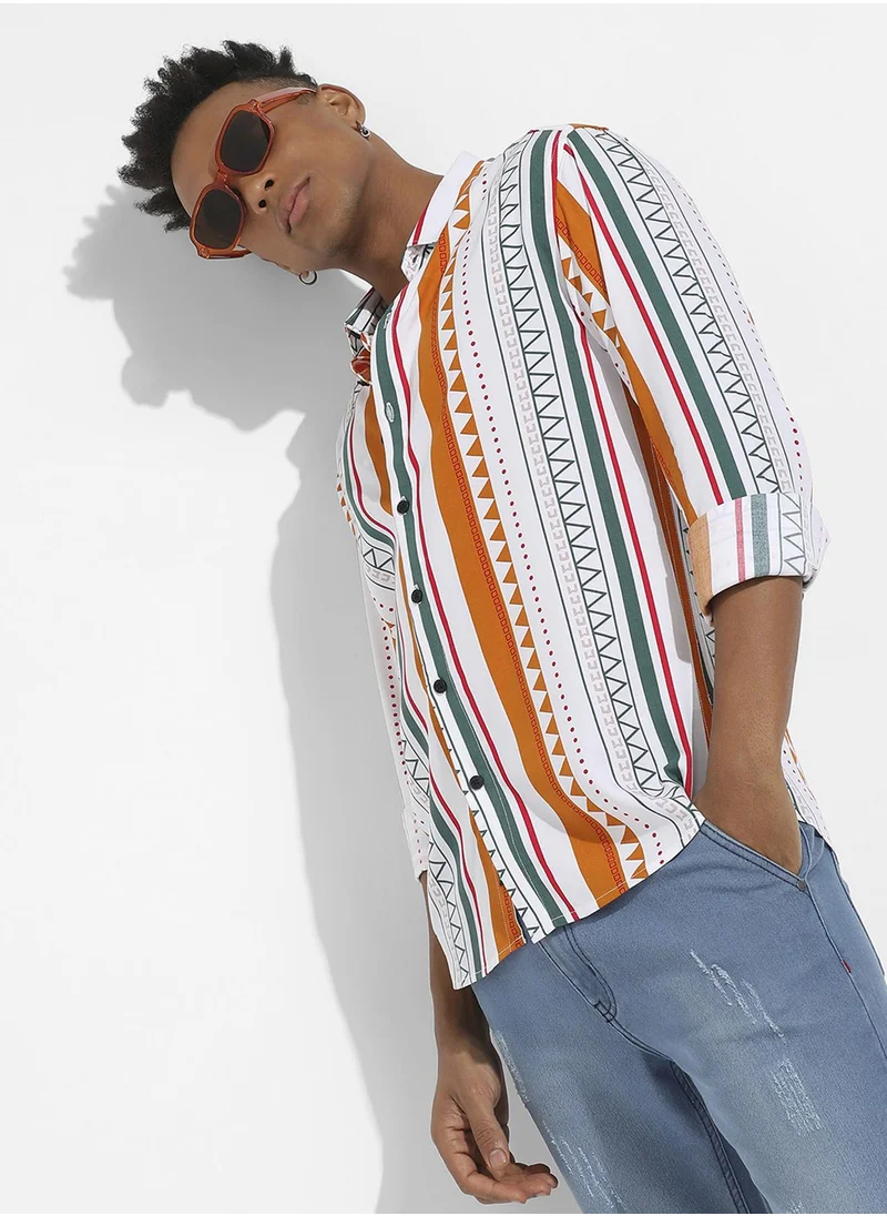 Campus Sutra Campus Sutra Men's Multicolour Geometrical Print Shirt For Casual Wear | Spread Collar | Long Sleeve | Button Closure | Heavy Rayon Shirts Crafted With Comfort Fit For Everyday Wear