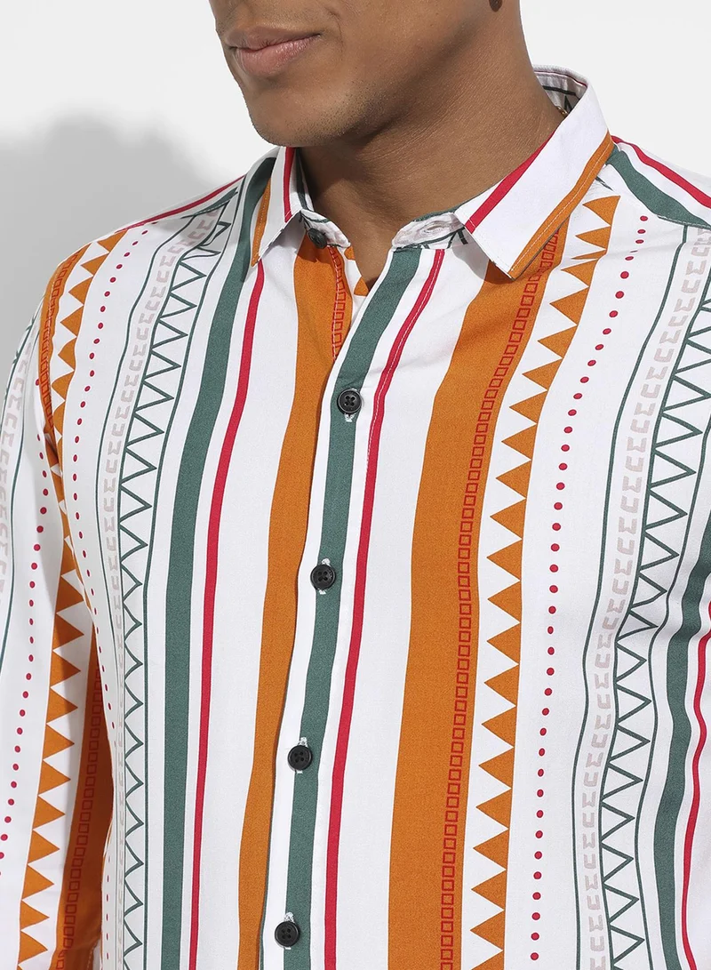 Campus Sutra Campus Sutra Men's Multicolour Geometrical Print Shirt For Casual Wear | Spread Collar | Long Sleeve | Button Closure | Heavy Rayon Shirts Crafted With Comfort Fit For Everyday Wear