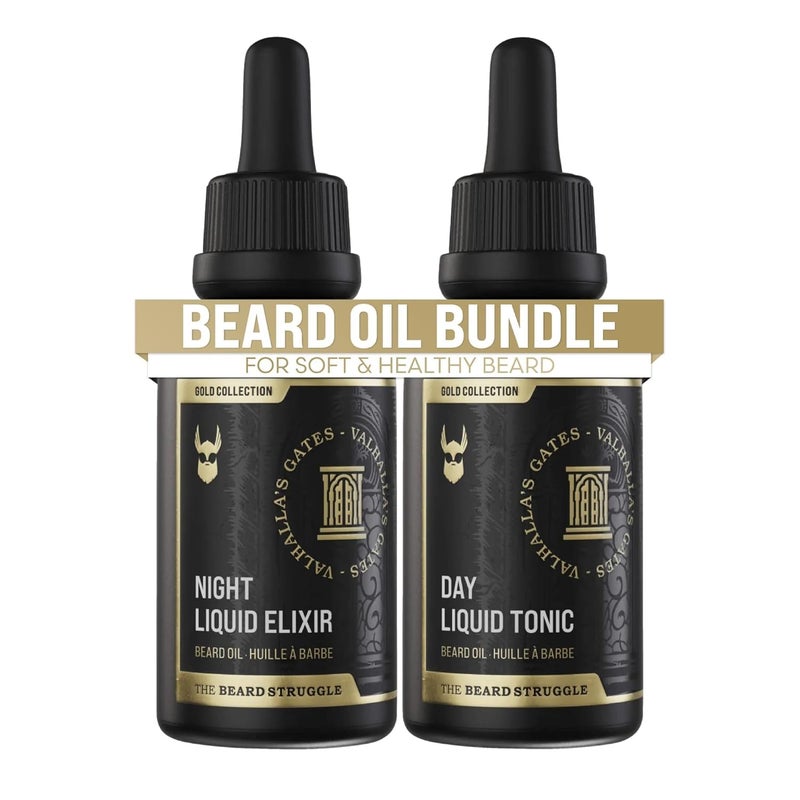The Beard Struggle Tonic Elixir Beard Oil Bundle Gold Collection Grooming Beard Oil Softens Moisturizers and Strengthens Beard Growth Pack of 2 Valhallas Gates