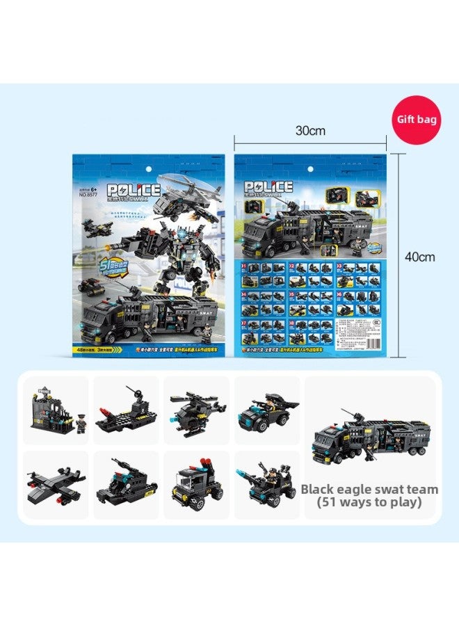 Compatible With Lego Building Blocks Assembled Toys Educational Boys Children Intelligence Small Particle Deformation Car Special Police Baby-Color:8733 Black Hawk Special Police Helicopter 456 Granular Color Bag [Delivery And Lifter]]  - Image 4