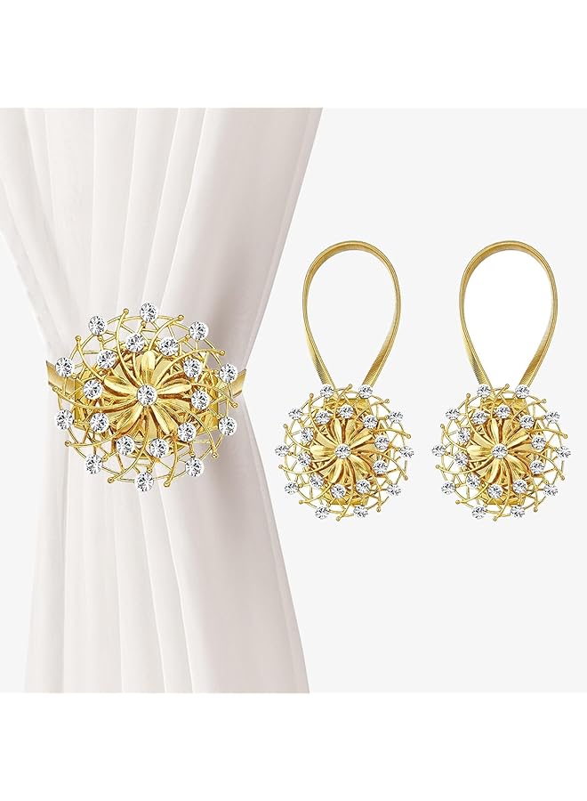 2 PCS Magnetic Curtain Tiebacks, Crystal Decor Curtain Ties for Drapes No Drilling Drapery Holdbacks with High-Elastic Spring Wire for Home Office Window Decorative Holdback, Gold