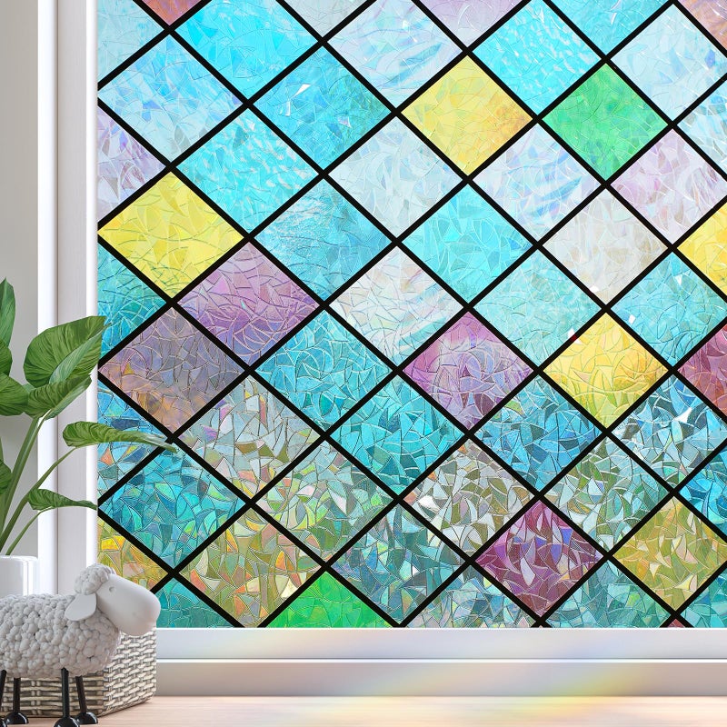 Zindoo Stained Glass Window Film Privacy Frosted Window Film Self Adhesive Rainbow Window Privacy Film Decorative Window Stickers Static Cling UV Blocking for Home Office 445x200cm