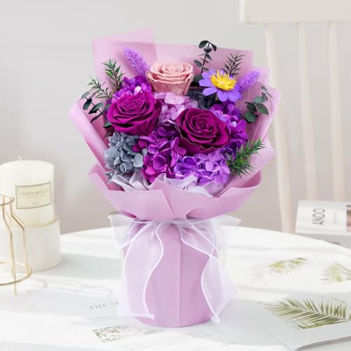 Waipfaru Preserved Flowers, Purple Fresh Bouquet with Gift Box, Flowers for Delivery, That Last 1-3 Years, Forever Flowers for Women Birthday Gift, Anniversary, Teacher, Mother Day - Image 4