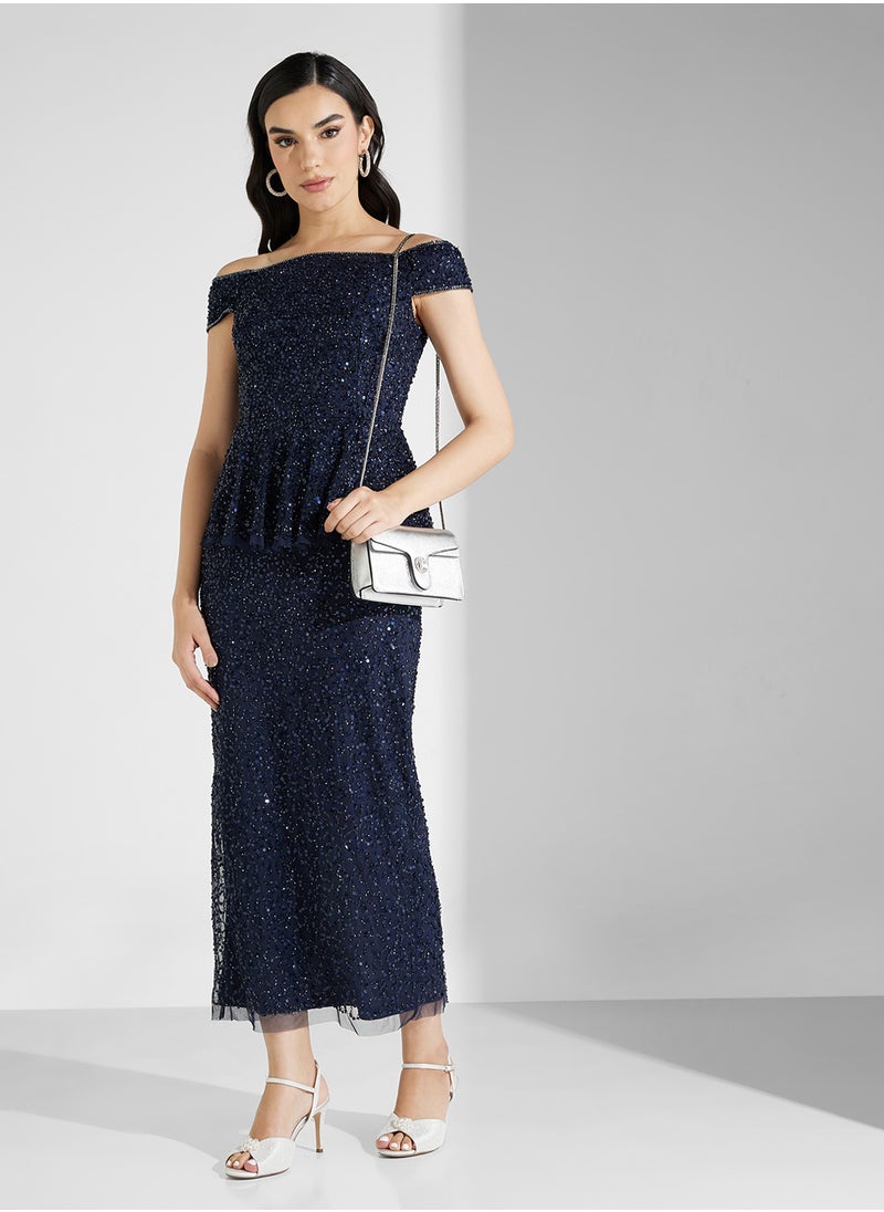 Adrianna Papell Bardot Sequin Midi Dress  - Image 1