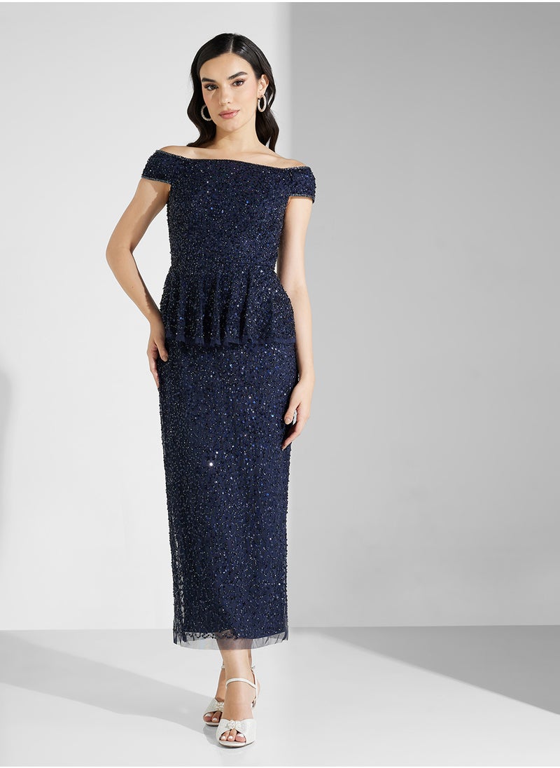 Adrianna Papell Bardot Sequin Midi Dress  - Image 4