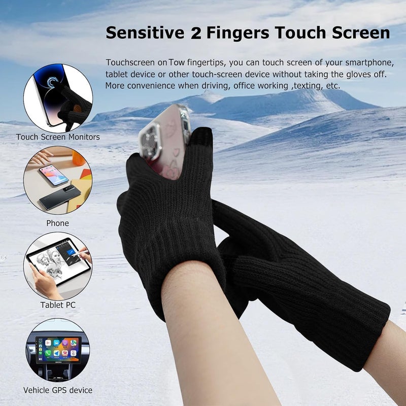 NALACAL قفازات شتوية تعمل باللمس، قفازات حرارية دافئة مع وسادة راحة غير قابلة للانزلاق للرجال والنساء، قفازات محبوكة سميكة ومطاطة مقاومة للرياح للجري وركوب الدراجات والقيادة - أسود - Image 2