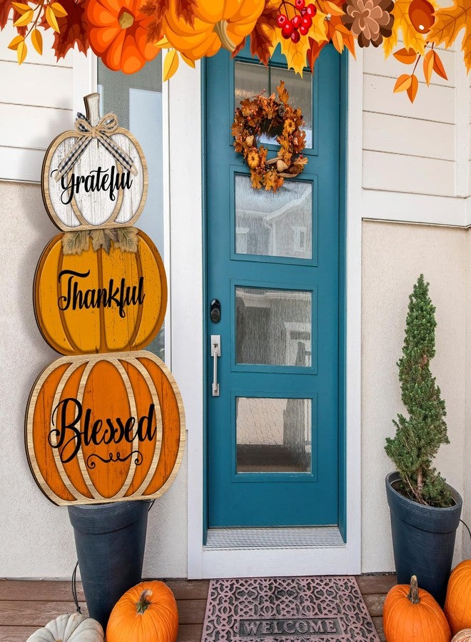 Colingmill Fall Thanksgiving Decorations for Home Porch 35 Inch Wood Pumpkin Sign Thanksgiving Harvest Farmhouse Pumpkins Sign Decor for Yard Front Door Garden Patio Outdoor(Thankful) - Image 3