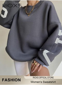 RIOXS Women's Oversized Sweatshirt, Casual Letter Graphic Print Sweatshirt For Women, Drop Shoulder Crewneck Pullover Tops, Thickened Sweatshirt For Spring Fall And Winter, Ladies Fashional Loose Pullover Top  - Image 1