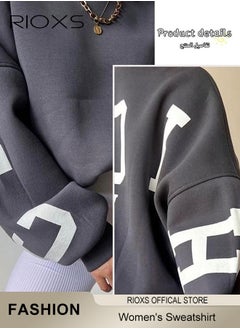RIOXS Women's Oversized Sweatshirt, Casual Letter Graphic Print Sweatshirt For Women, Drop Shoulder Crewneck Pullover Tops, Thickened Sweatshirt For Spring Fall And Winter, Ladies Fashional Loose Pullover Top  - Image 2