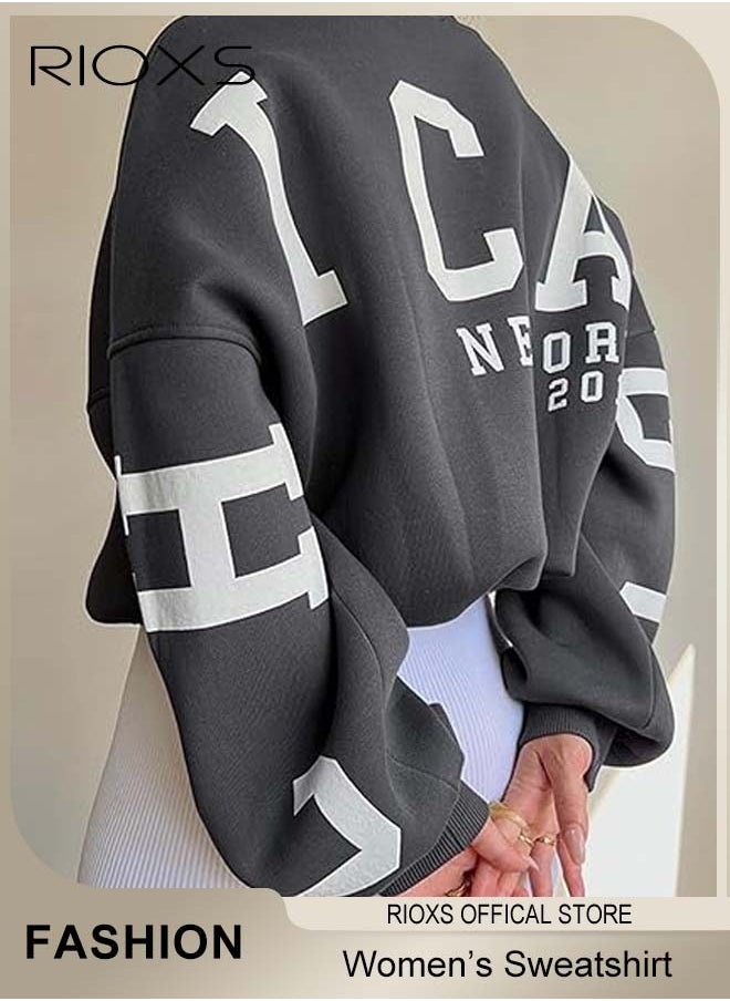 RIOXS - Women's Oversized Sweatshirt, Casual Letter Graphic Print Sweatshirt For Women, Ladies Graphic Crewneck Sweatshirts, Thickened Pullover Tops Sweatshirt For Spring Fall And Winter, Ladies Fashional Loose Pullover Top For Daily Wear - Image 1