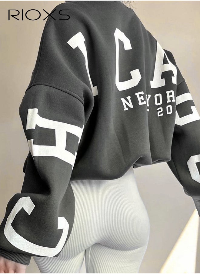 RIOXS Women's Oversized Sweatshirt, Casual Letter Graphic Print Sweatshirt For Women, Ladies Graphic Crewneck Sweatshirts, Thickened Pullover Tops Sweatshirt For Spring Fall And Winter, Ladies Fashional Loose Pullover Top For Daily Wear  - Image 1