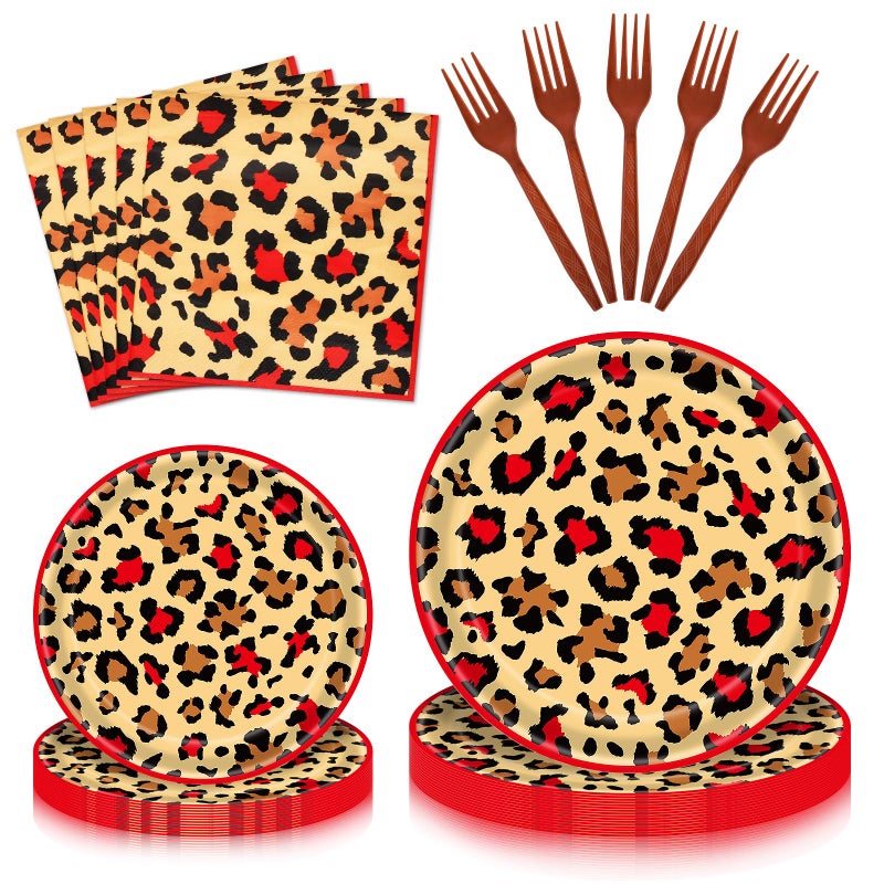 PhyLence 100 Pcs Leopard Print Tableware Party Supplies - Disposable Animal Print Dinnerware Set with Paper Plates,Napkins for Safari Theme,Jungle Birthday Party - Serves 25 - Image 1
