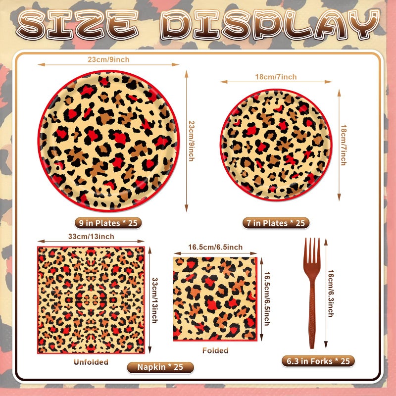 PhyLence 100 Pcs Leopard Print Tableware Party Supplies - Disposable Animal Print Dinnerware Set with Paper Plates,Napkins for Safari Theme,Jungle Birthday Party - Serves 25 - Image 2
