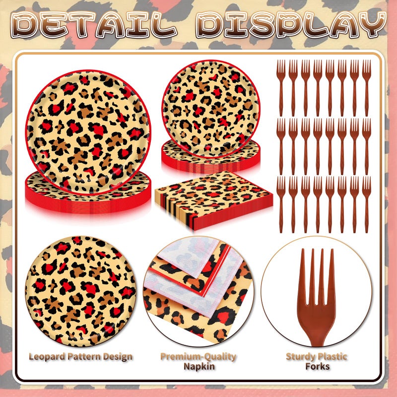 PhyLence 100 Pcs Leopard Print Tableware Party Supplies - Disposable Animal Print Dinnerware Set with Paper Plates,Napkins for Safari Theme,Jungle Birthday Party - Serves 25 - Image 3