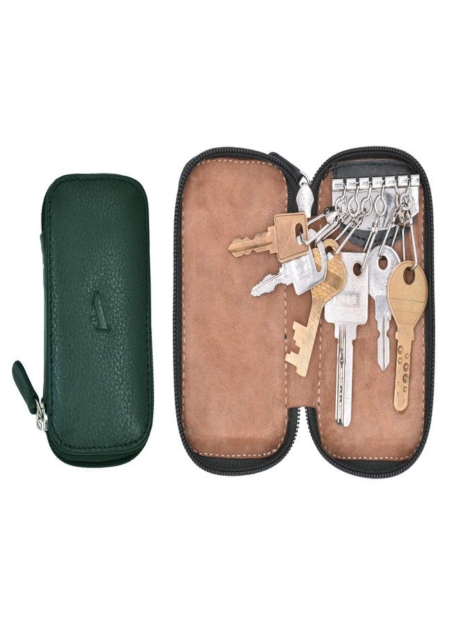 Adamis Genuine Leather Keychain Holder Pouch, Key Case, Soft Strong and Compact Organiser and Wallet with Zip Closure for Extra Safety and 6 Key Holder Hooks W55 Green, Size 6 x 11 cm - Image 2