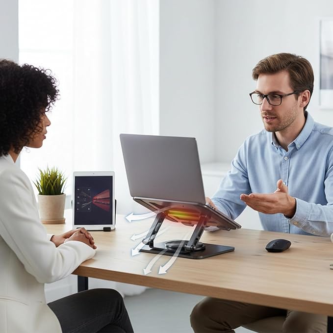 حامل كمبيوتر للجهاز اللوحي، حامل يساعد على تبديد الحرارة مع قاعدة دوارة بزاوية 360 درجة | حامل ملاحظات مريح من الناحية البدنية، مناسب للاستخدام على الطاولة في الجامعة، المكتب، المنزل، أو أثناء العمل أو اللعب، للرجال والنساء، باللون الأسود - Image 3