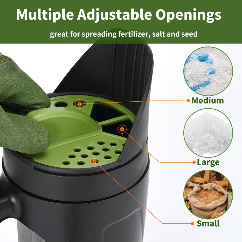 PERSZEN Seed Spreader Hand Held, Hand Spreader Lawn and Garden for Fertilizer Grass Seed Salt Ice Melt Earth Food, Seed Shaker with Multiple Adjustable Opening Sizes for All Purpose, Up to 80 Oz - Image 5