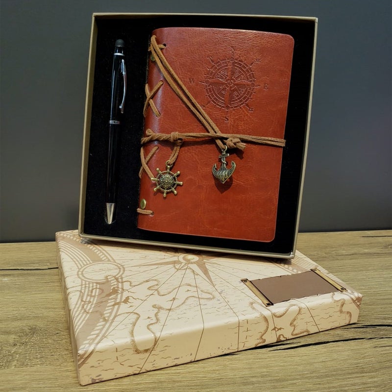 Hediyesahibi Personalized Leather Compass Design Notebook and Black Metal Pen Set  - Image 1