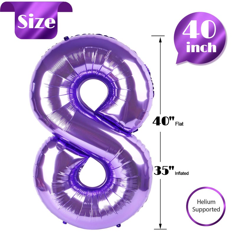 IWERP Purple 8 Balloon, Number Balloon 40 Inch, Purple Birthday Decorations, 8 18 28 38 80 Birthday Balloons, 8th Purple Party Supplies, Number 8 Balloon - Image 4