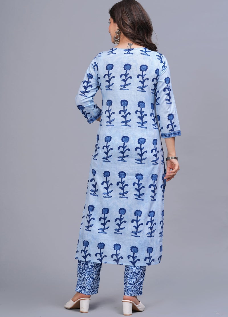 rytras Women's Pure Cotton Printed Straight Kurta Set with Palazzo Pants & Dupatta- Ethnic Wear, Blue(RYT616-New,S) - Image 2