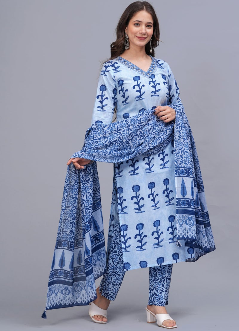 rytras Women's Pure Cotton Printed Straight Kurta Set with Palazzo Pants & Dupatta- Ethnic Wear, Blue(RYT616-New,S) - Image 4