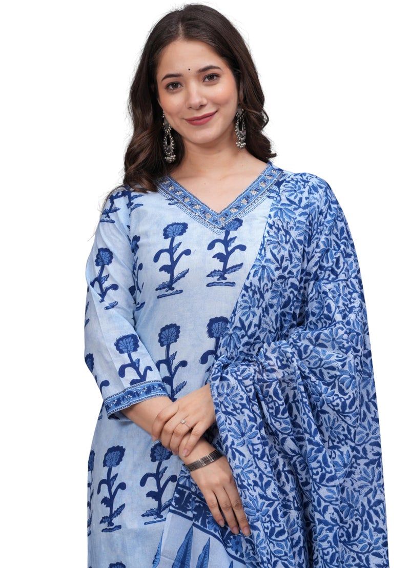 rytras Women's Pure Cotton Printed Straight Kurta Set with Palazzo Pants & Dupatta- Ethnic Wear, Blue(RYT616-New,S) - Image 1