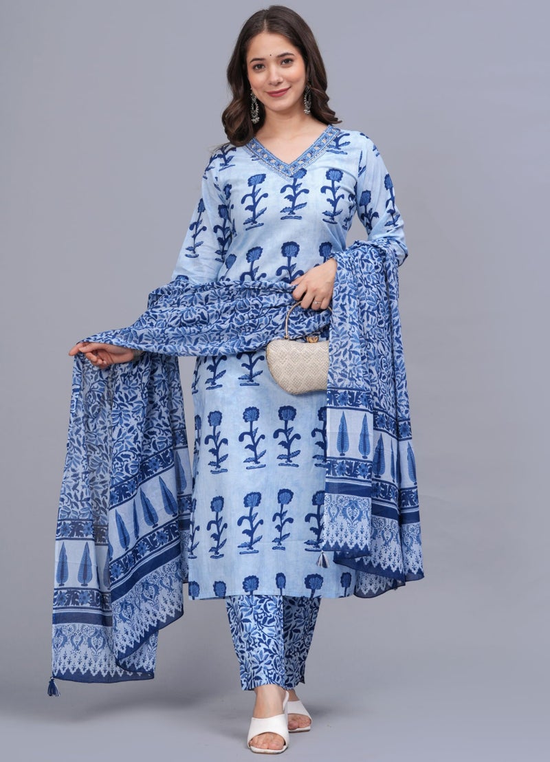 rytras Women's Pure Cotton Printed Straight Kurta Set with Palazzo Pants & Dupatta- Ethnic Wear, Blue(RYT616-New,S) - Image 5