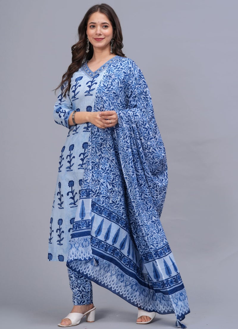 rytras Women's Pure Cotton Printed Straight Kurta Set with Palazzo Pants & Dupatta- Ethnic Wear, Blue(RYT616-New,S) - Image 3