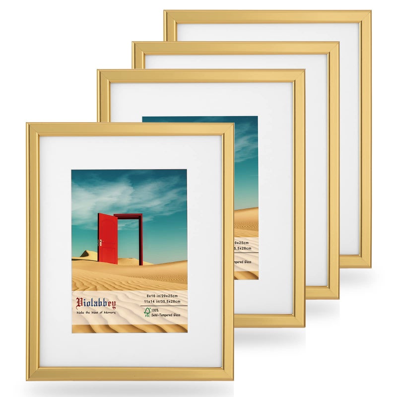 VIOLABBEY 11x14 Picture Frames Set of 4 Fits 8x10 Pictures with Ivory Mat or 11x14 without Mat Vertical or Horizontal for Wall or Tabletop Display Semi Tempered Glass Light Gold
