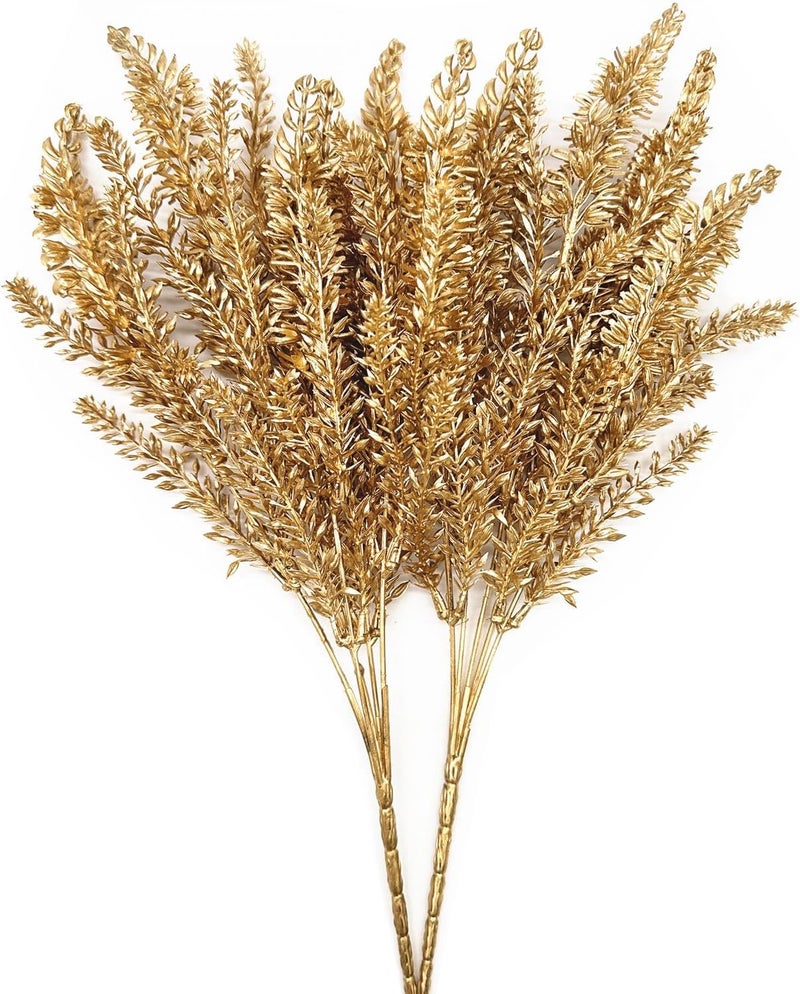 LOVENIMEN Artificial Plants for Christmas, Fake Golden Wheatgrass Lavender Flowers Plant Bushes Faux Boston Shrubs Indoor Outside Hanging Planter Home Garden Decor Festival Decoration - Gold 2 Pcs - Image 1