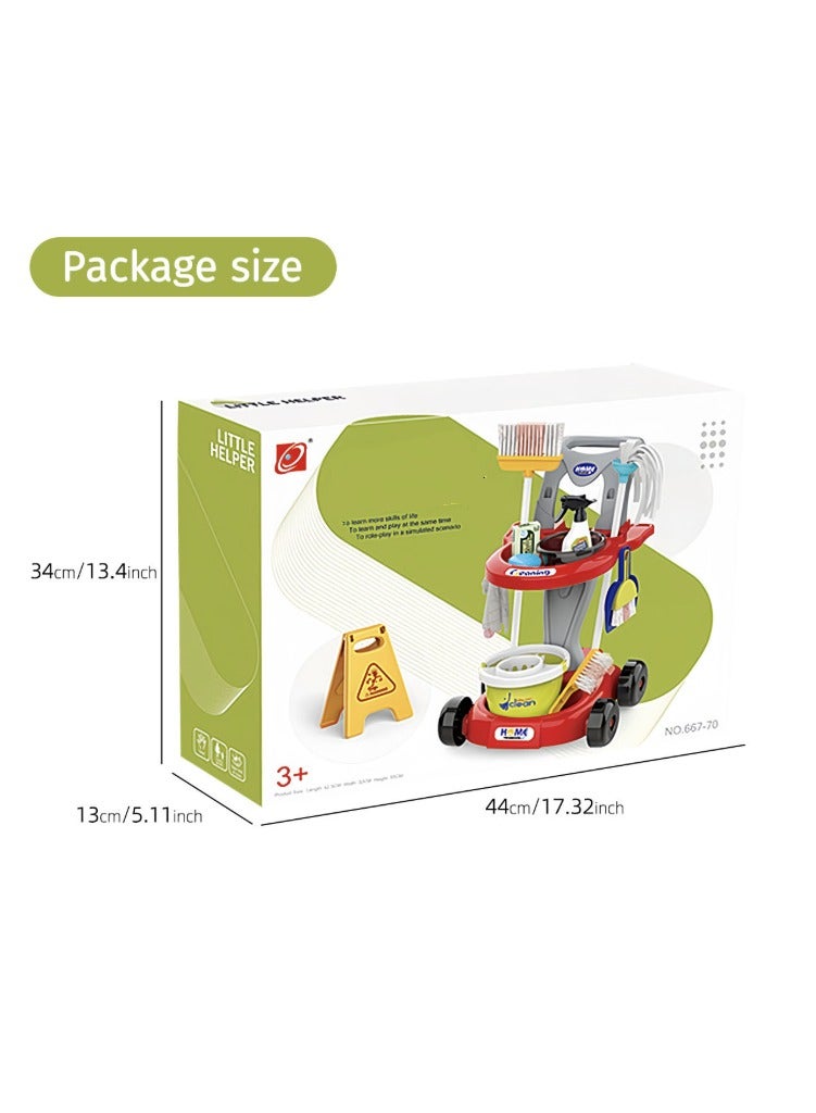 Cleaning Housekeeping Cleaning Toy Set, 19 PCS Trolley Set  Includes Broom, Mop, Dustpan, Brush, Rag, Housekeeping Cart, Perfect New Year Gift for Kids, Red - Image 5