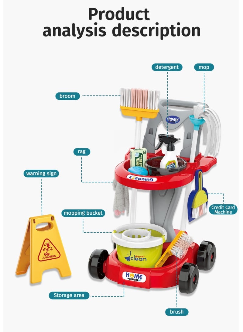 Cleaning Housekeeping Cleaning Toy Set, 19 PCS Trolley Set  Includes Broom, Mop, Dustpan, Brush, Rag, Housekeeping Cart, Perfect New Year Gift for Kids, Red - Image 1