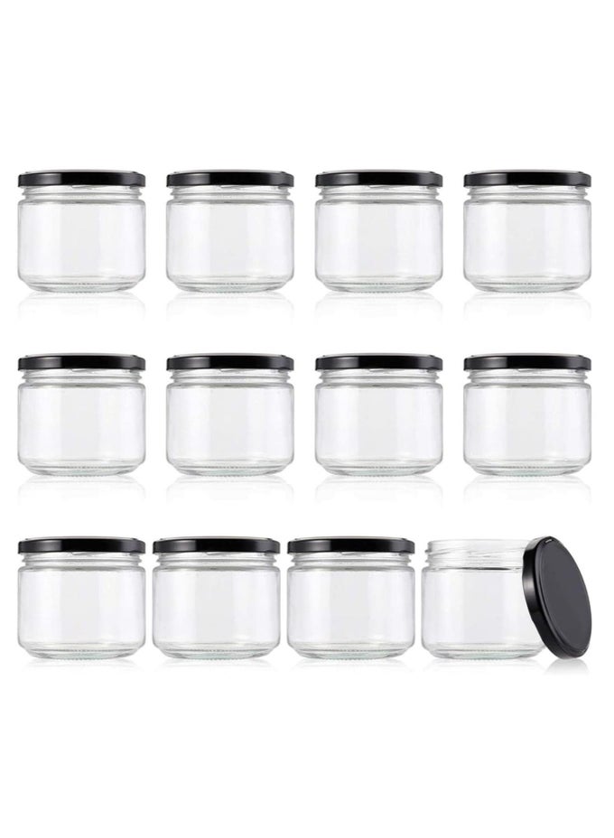 12PCS 9OZ WIDE MOUTH GLASS JARS WITH BLACK LIDS FO JAM, JELLY, SALSA, LOOSE SPICES, CANDLES