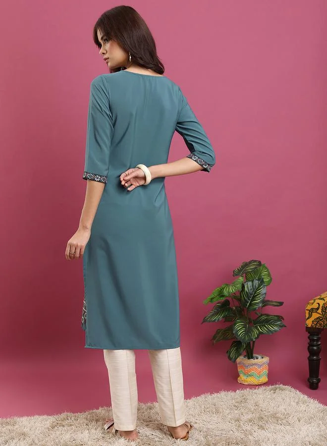 Vishudh Vishudh Teal Ethnic Motifs Printed Round Neck Straight Kurta