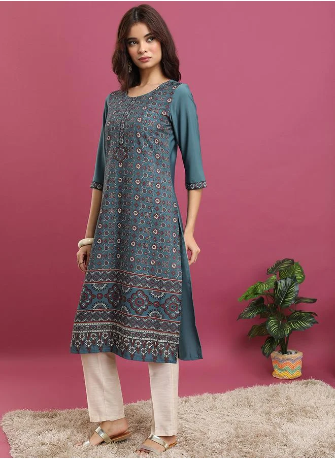 فيشود Teal Ethnic Motifs Printed Round Neck Straight Kurta