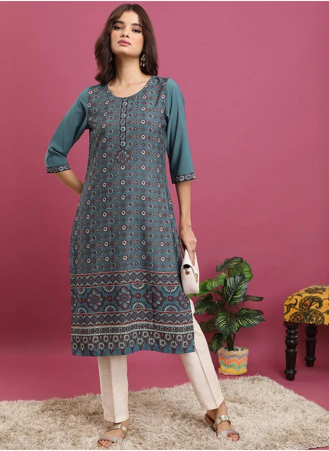 فيشود Teal Ethnic Motifs Printed Round Neck Straight Kurta