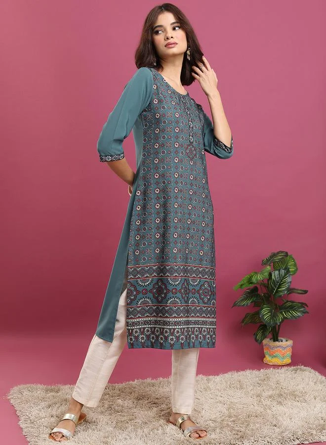Vishudh Vishudh Teal Ethnic Motifs Printed Round Neck Straight Kurta