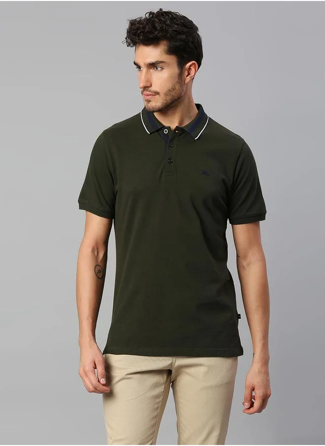 Dennis Lingo Green Regular Fit T-shirt for Men - Cotton, Solid, Polo Collar, Polo Neck, Half Sleeves, Knitted, Casual